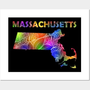 Colorful mandala art map of Massachusetts with text in multicolor pattern Posters and Art